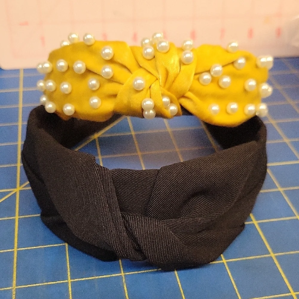 Lot of 2 Black Wide & Yelliw Pearl Embellished Headbands New